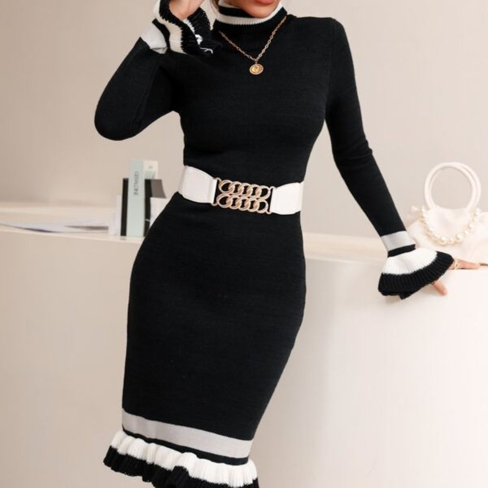 Chic & Contemporary Striped Trim Sweater Dress - Picture 3 of 7